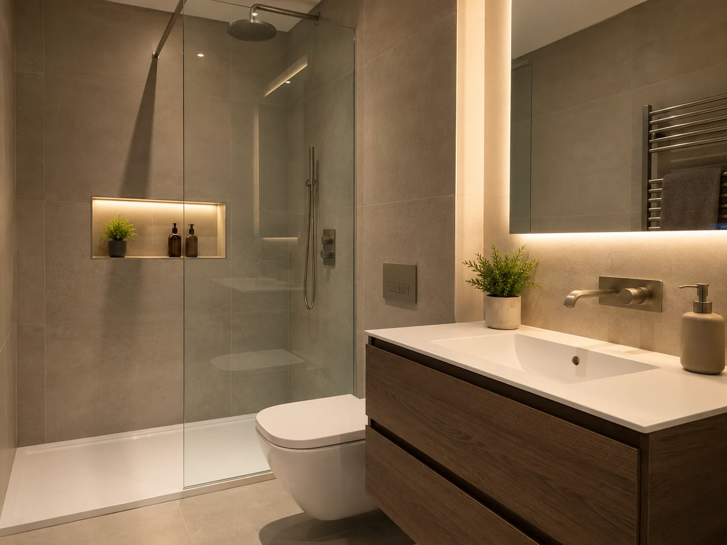 Completed London bathroom renovation with large-format tiling, walk-in shower and vanity unit finished and ready to use