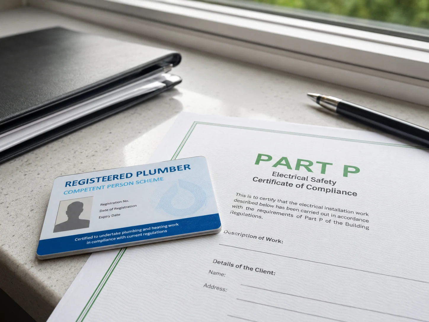 Registered plumber's ID card and Part P electrical compliance certificate for a London bathroom renovation