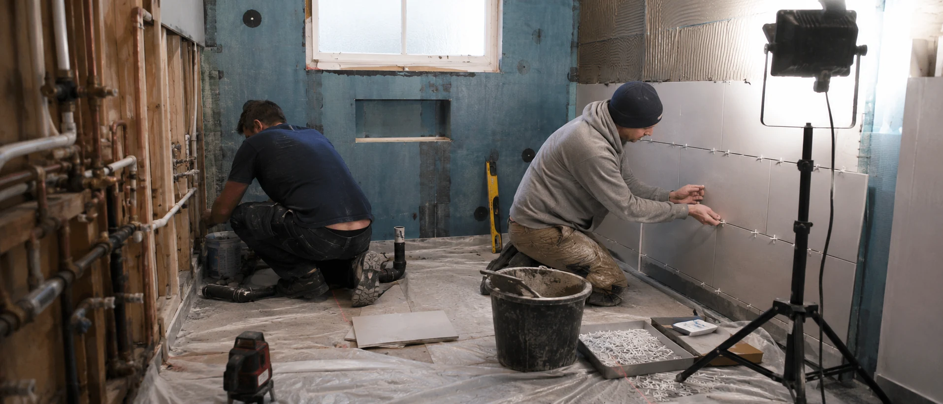 Plumber and tiler working together mid-renovation in a London bathroom, exposed pipework and tanking membrane visible before tiling