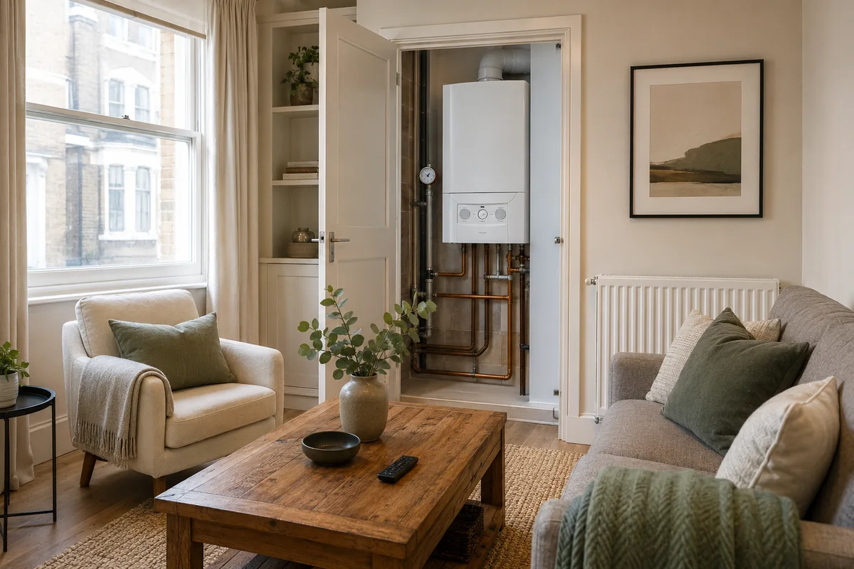 Styled Airbnb short-let living room in a London Victorian conversion flat with a wall-mounted boiler visible in a utility cupboard in the background