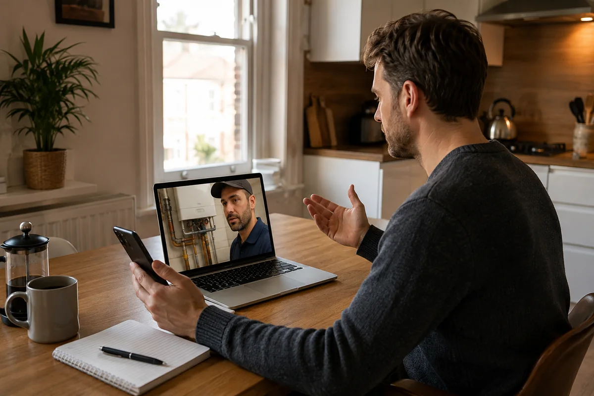London Airbnb host at a kitchen table managing a heating emergency callout remotely via a video call on a laptop
