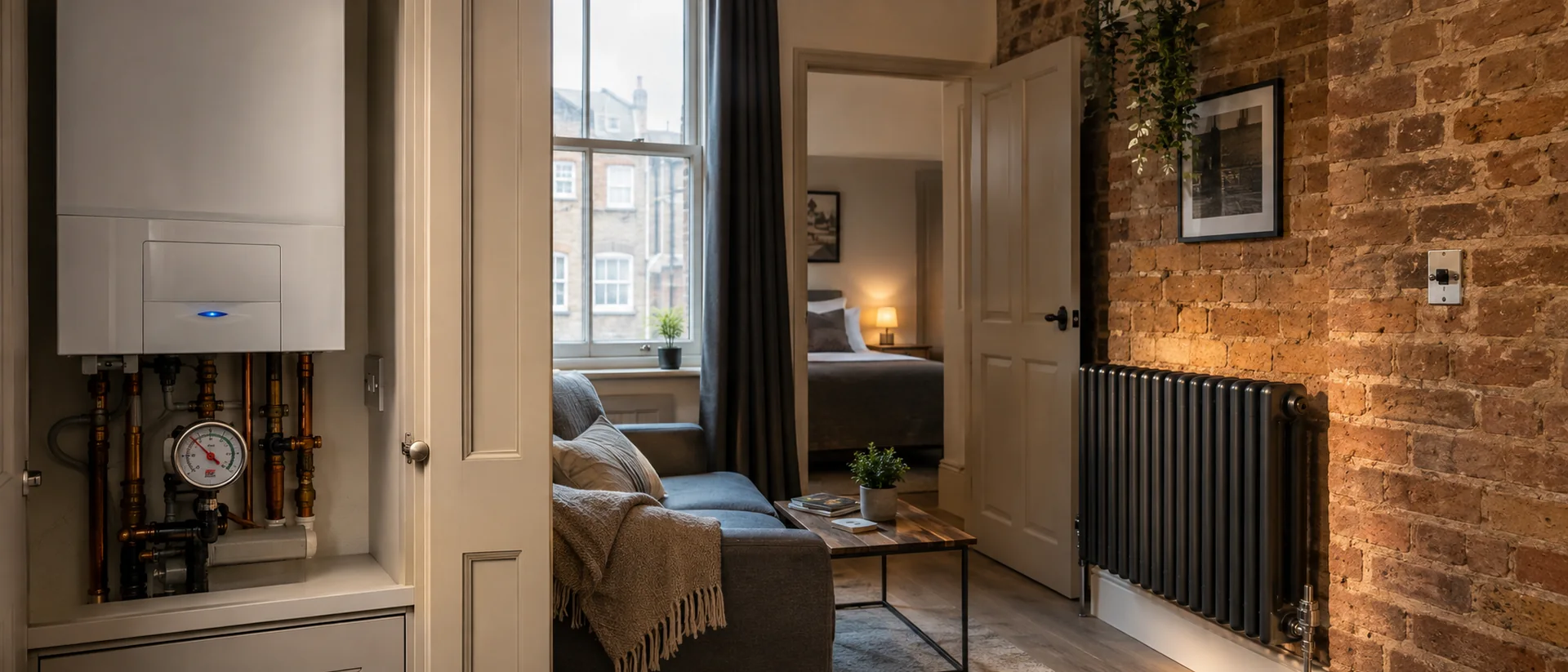 Wall-mounted combination boiler with pressure gauge in a London Victorian conversion Airbnb flat, warm radiator and tidy short-let interior, soft daylight through a sash window