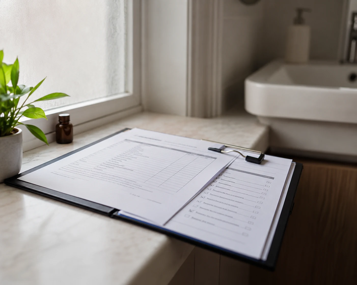 A landlord's compliance paperwork and maintenance checklist for a rental bathroom