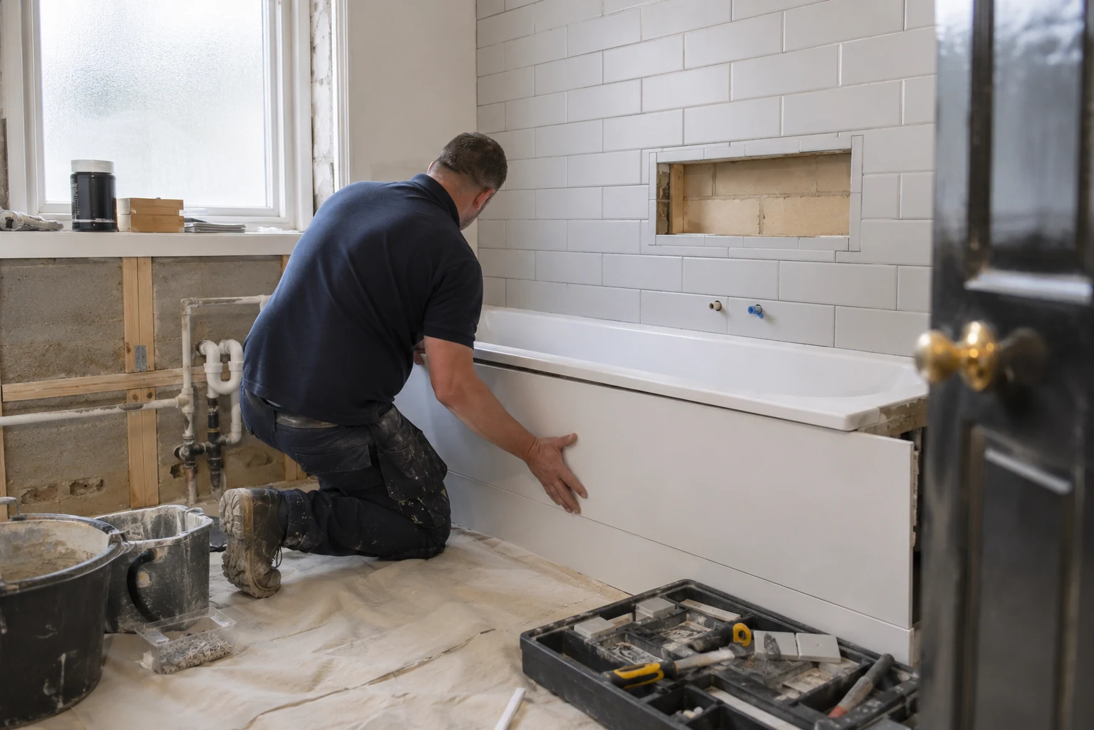 A mid-range bathroom renovation in progress in a London home, new tiling and fittings underway