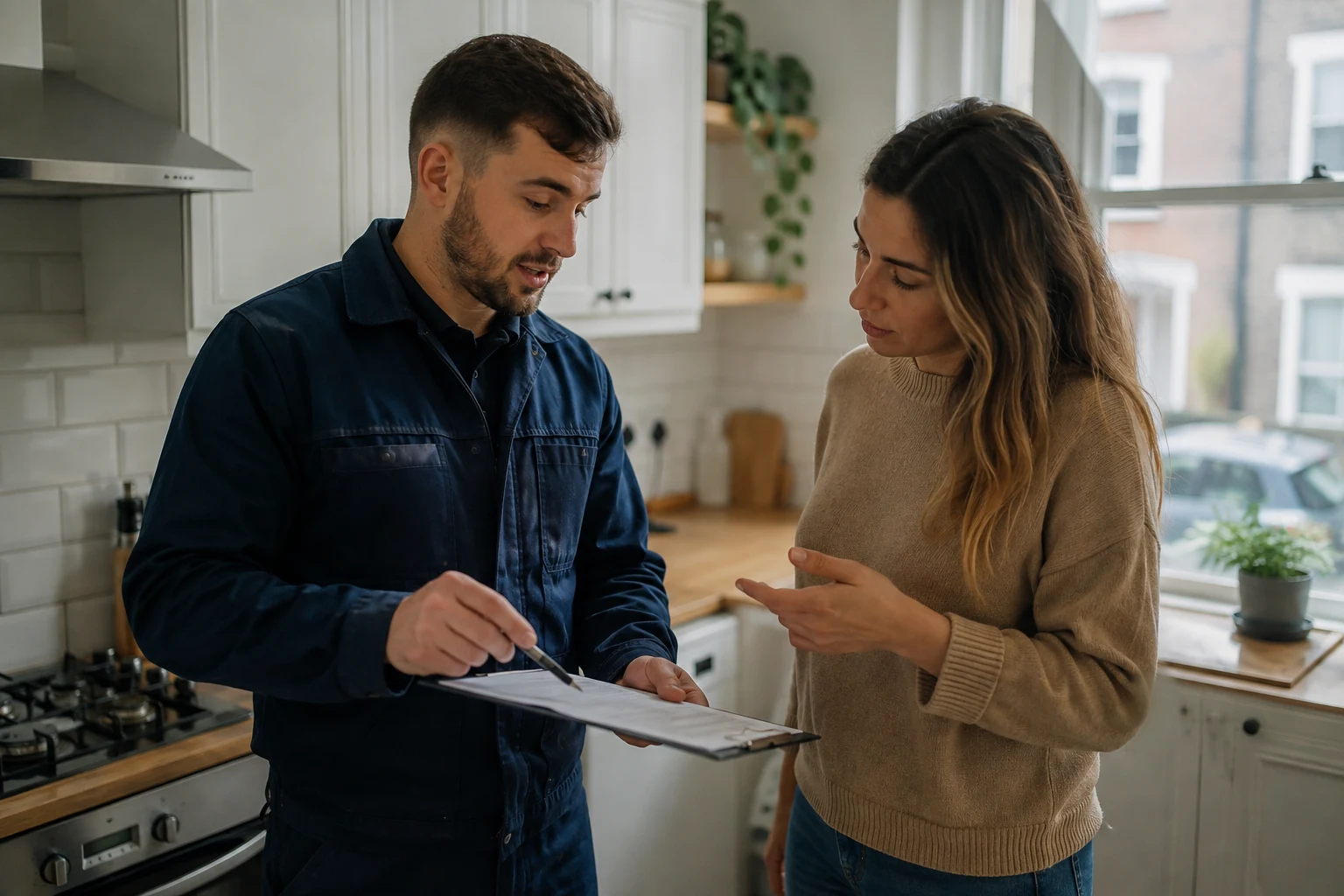 A tradesperson reviewing a written bathroom renovation quote with a homeowner