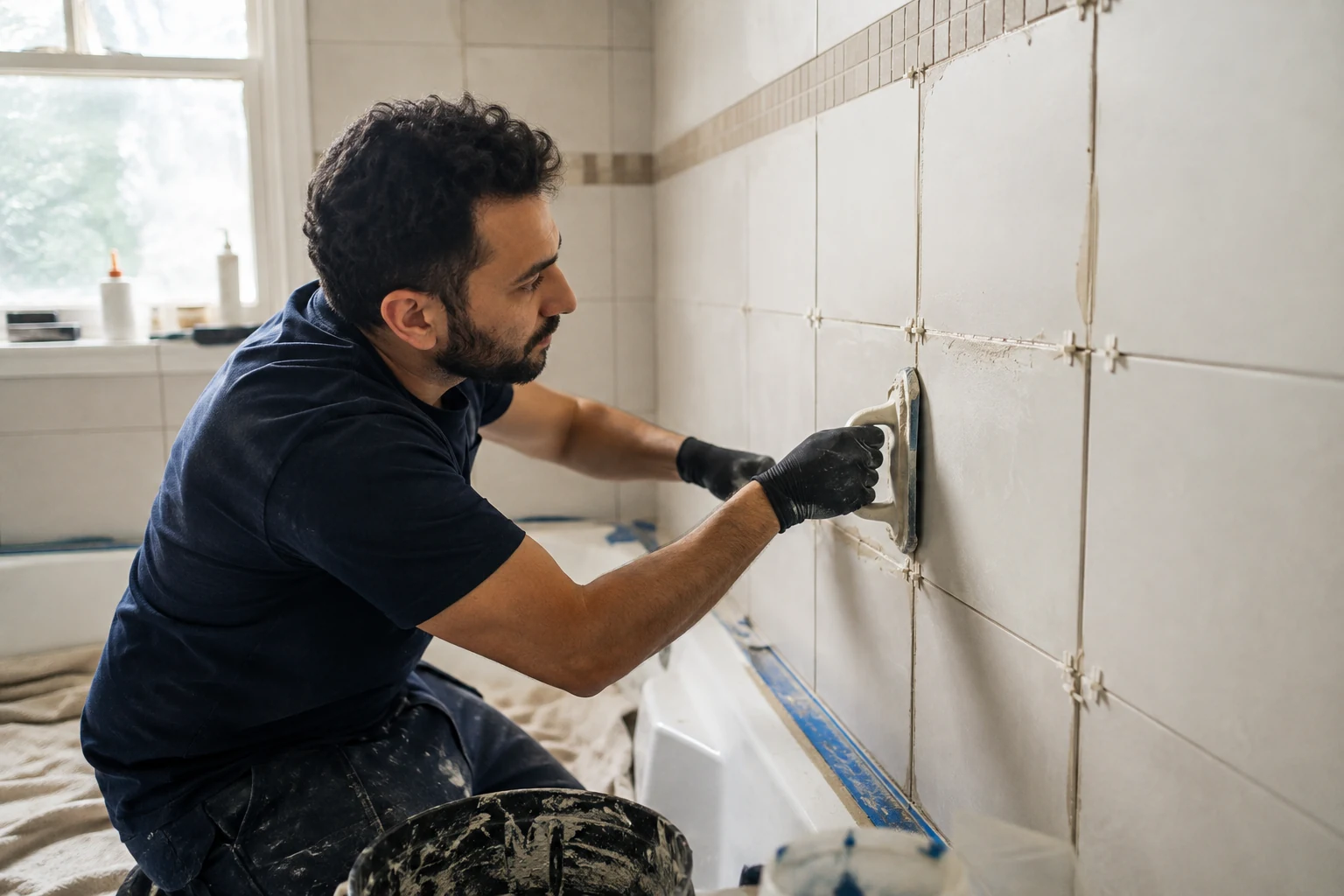 A tradesperson retiling and regrouting an existing London bathroom as part of a cosmetic refresh