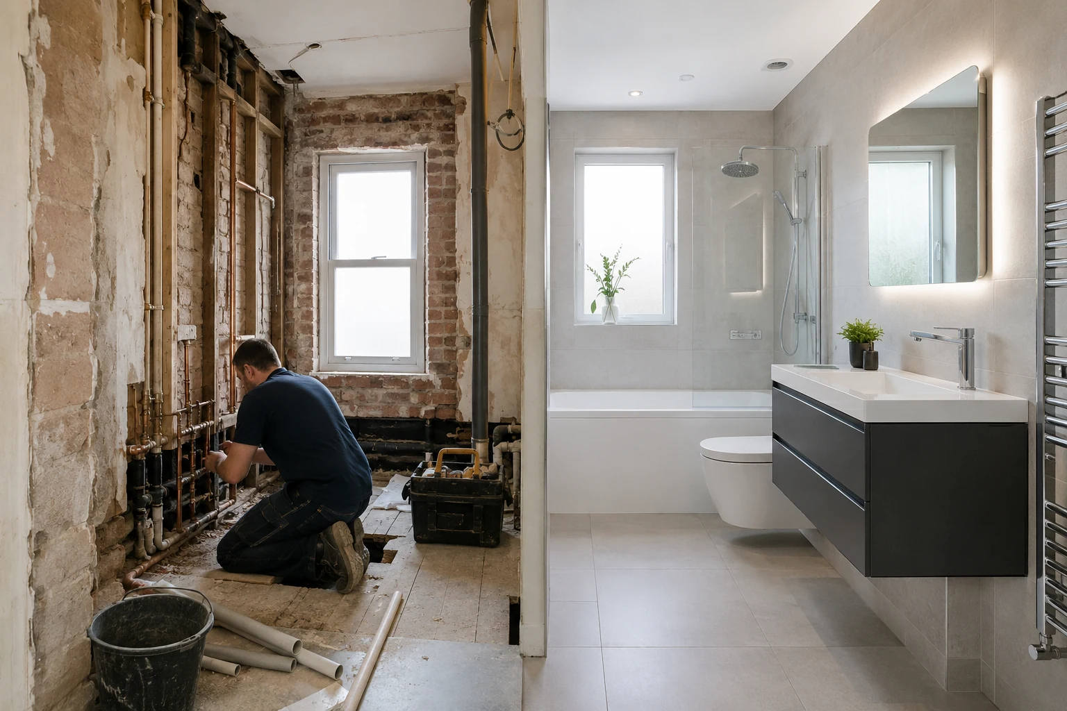 Split view of a London bathroom mid full renovation with exposed pipework alongside the same style bathroom finished with fresh tiling