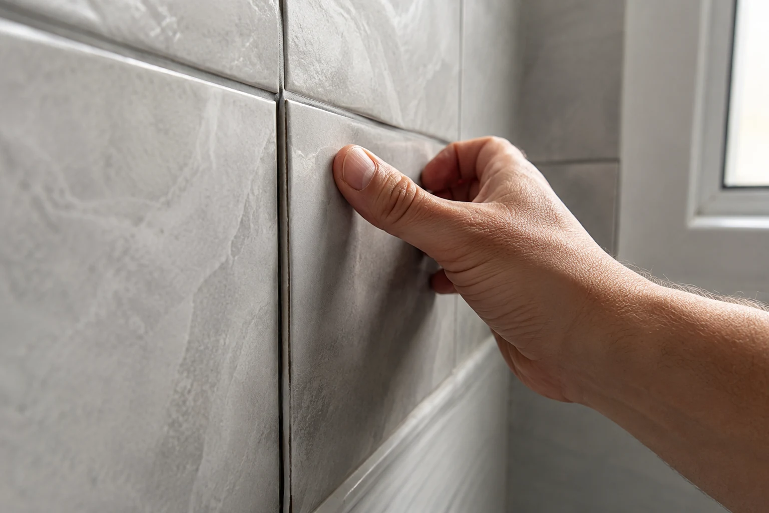 Checking a bathroom tile for a hollow sound, a sign of a waterproofing problem beneath the surface