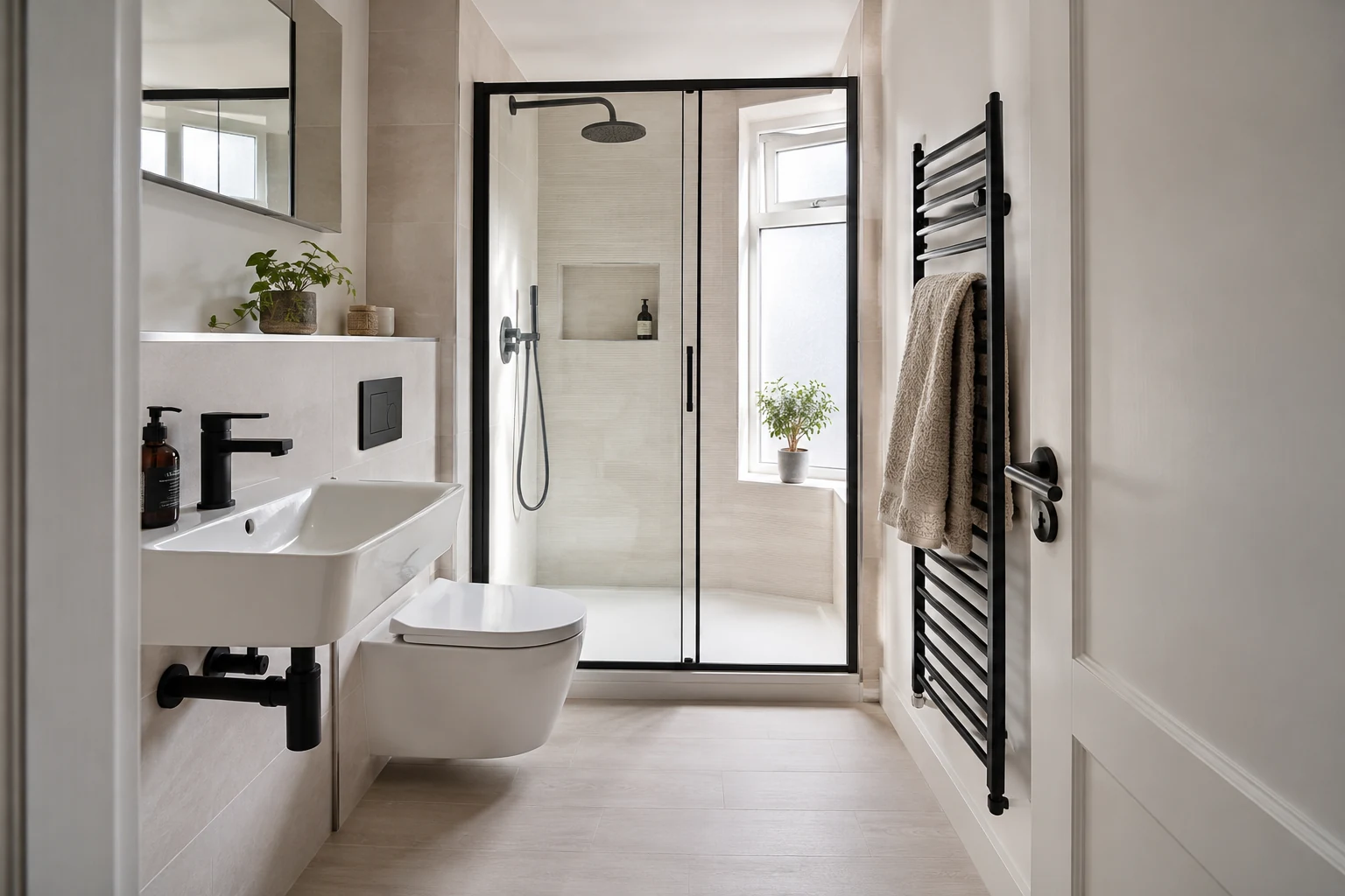 A compact, well-planned shower room in a small London flat using wall-hung fixtures and light flooring