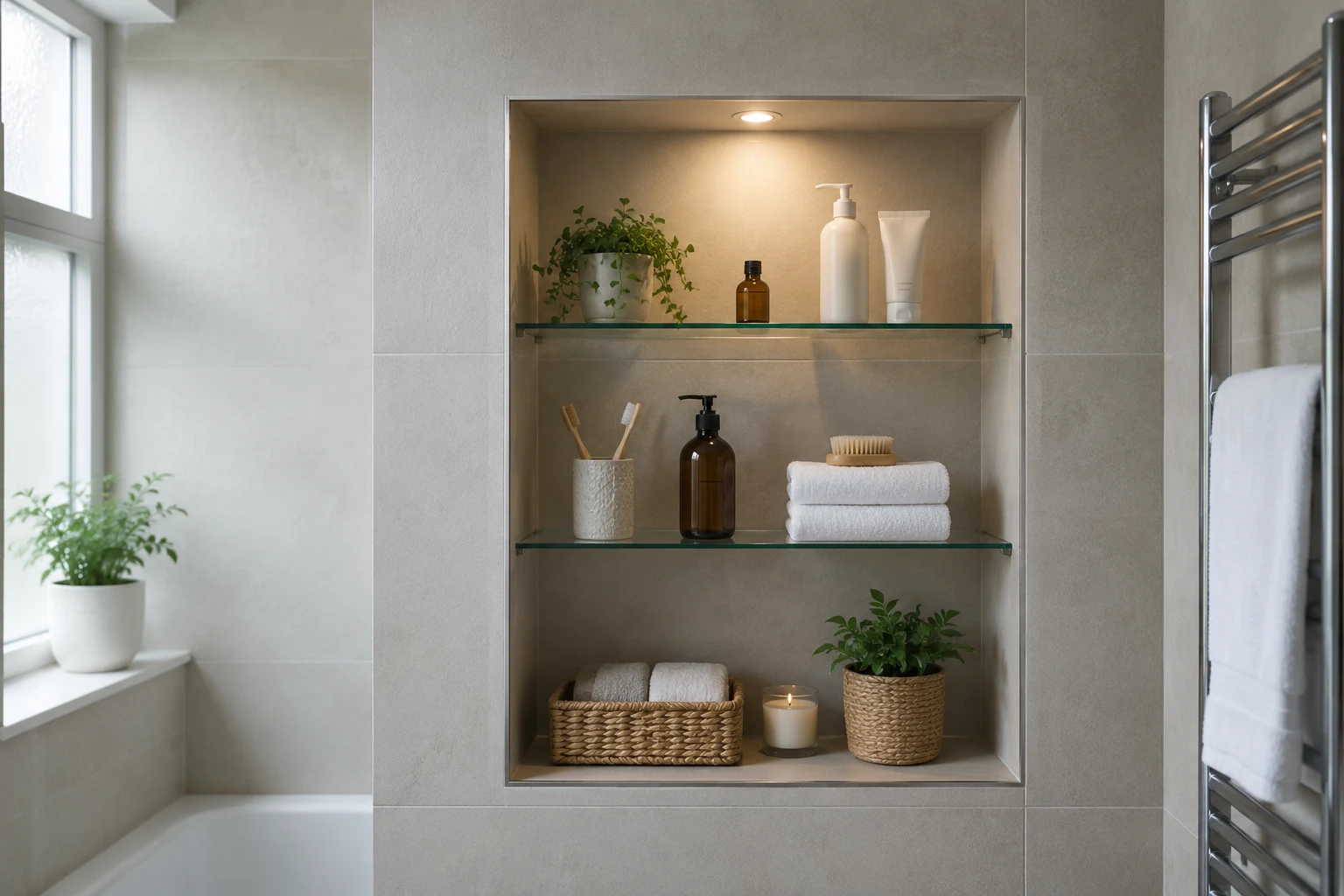 A recessed storage niche built into a small London bathroom to add storage without losing floor space