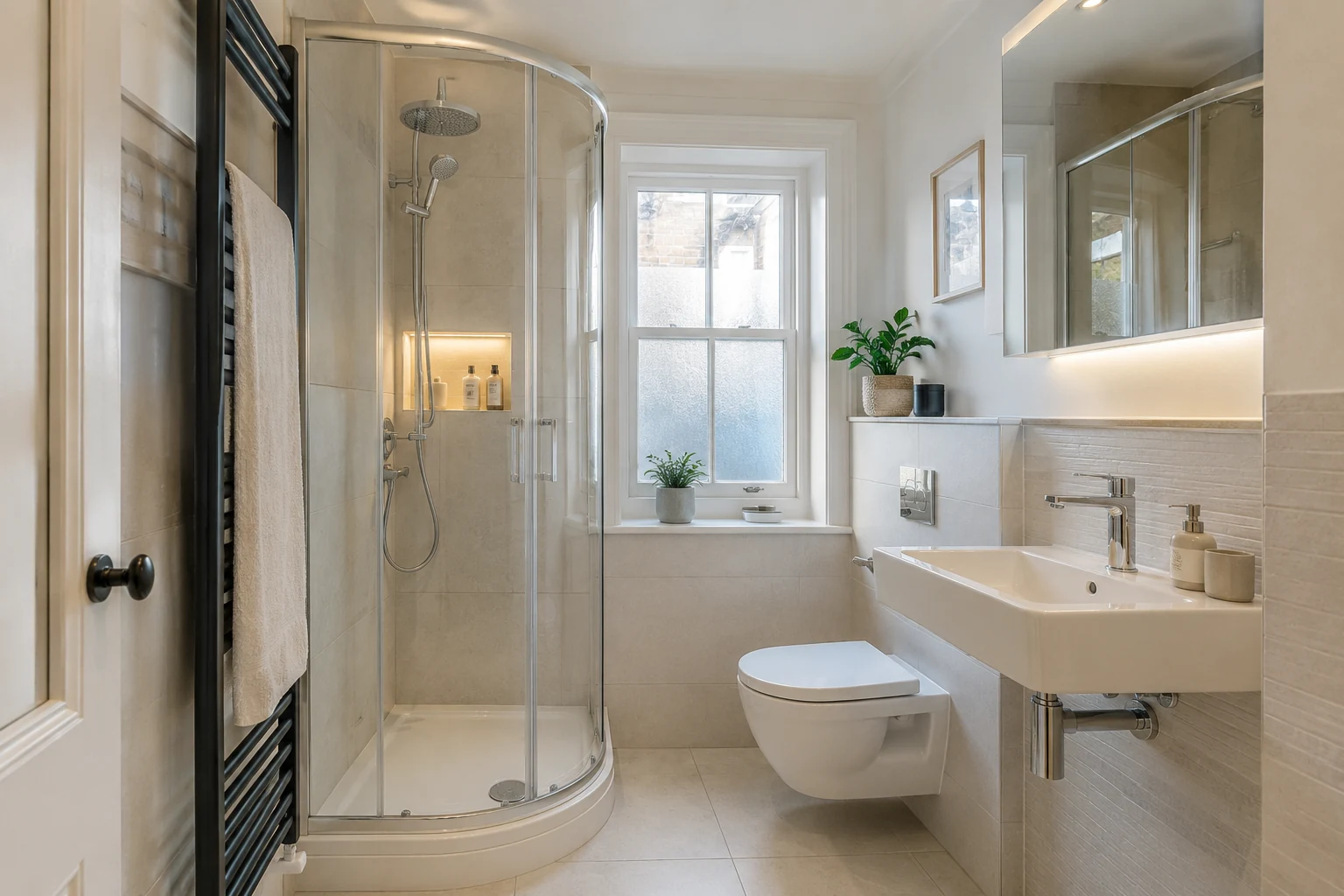 Compact, well-designed bathroom inside a small London period conversion flat with a corner shower and wall-hung fixtures