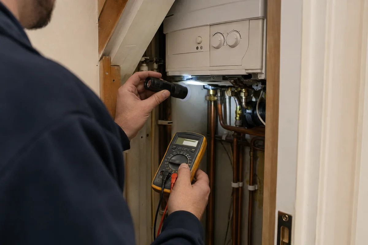 Gas Safe engineer examining an older wall-mounted boiler tucked into a tight understairs cupboard in a London Victorian conversion flat