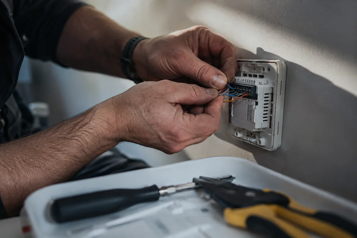 Heating engineer connecting a powerflushing machine to a radiator valve in a London home, pressure gauges visible on the unit
