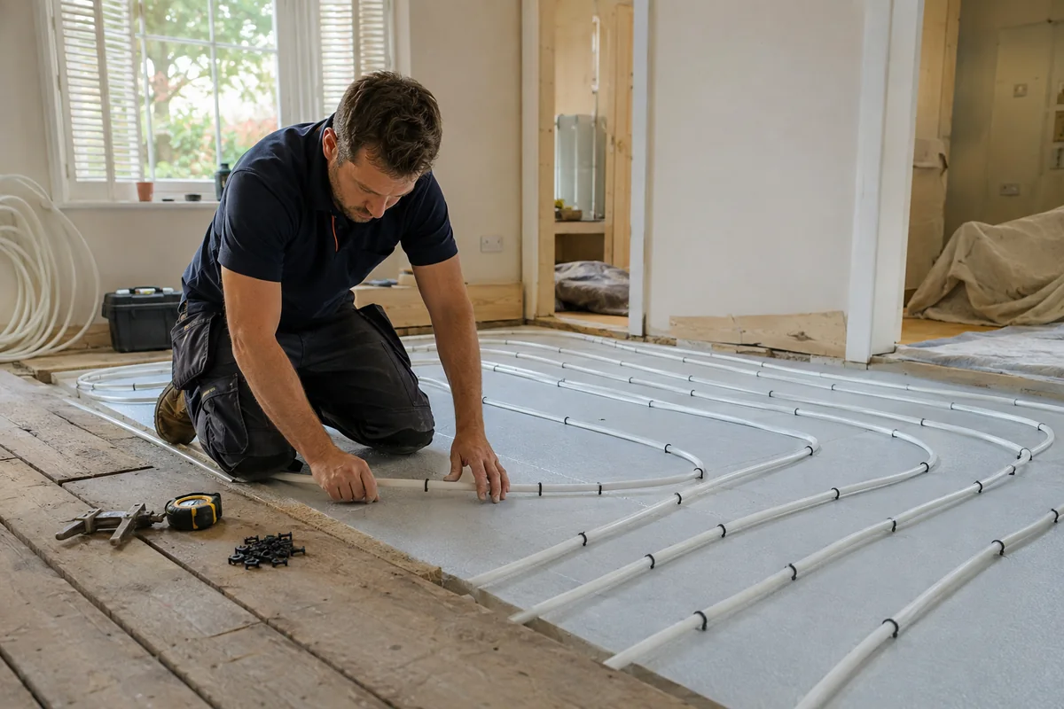 Heating engineer laying wet underfloor heating pipe loops into insulation boards on a partially lifted timber floor in a London home
