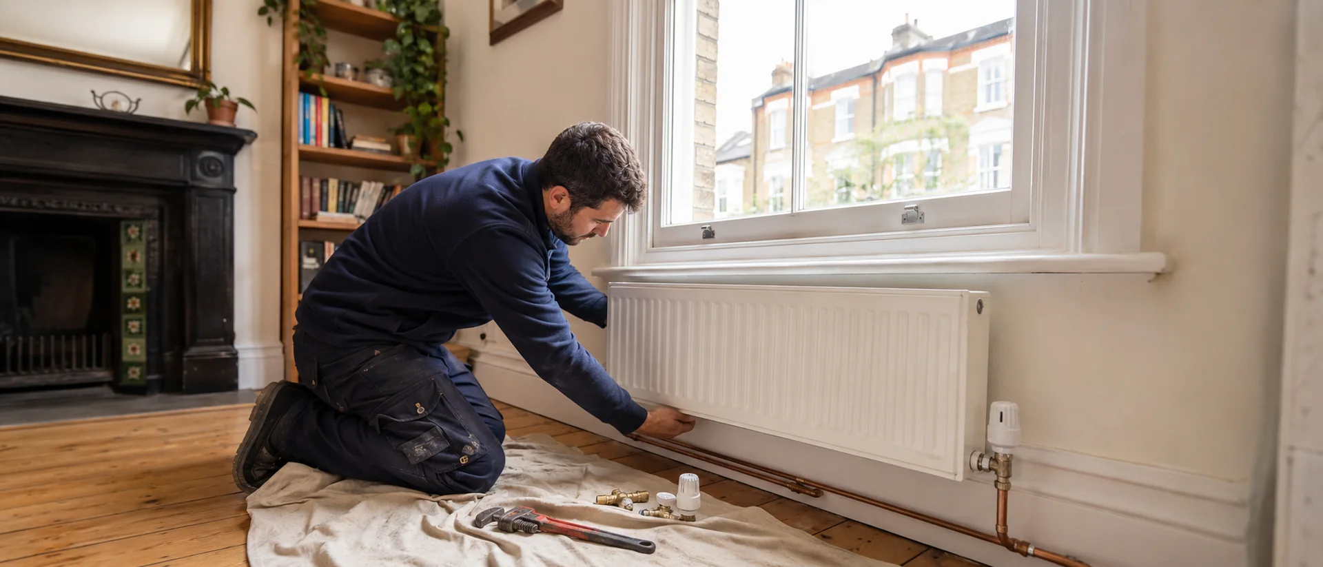Heating engineer fitting a new white panel radiator beneath a sash window in a London Victorian terrace living room, natural daylight, tools on a dust sheet