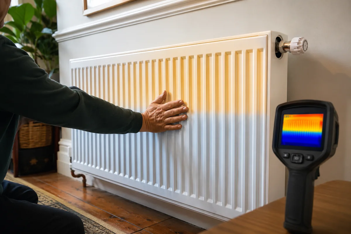 Homeowner testing a radiator that is warm at the top and cold at the bottom, a common sign of sludge buildup, in a London living room