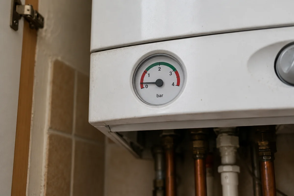 Close-up of a domestic boiler pressure gauge with the needle sitting in the red low-pressure zone, a common early warning sign