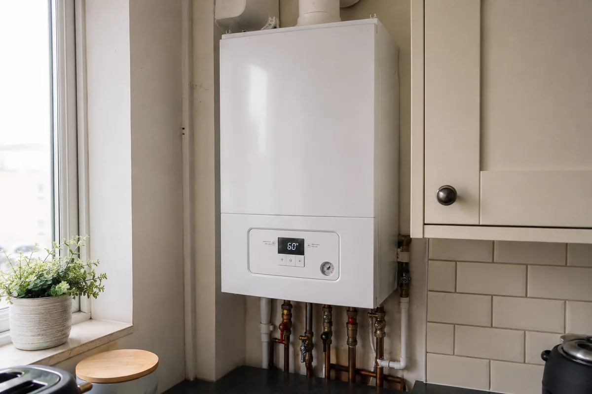 Close-up of a compact wall-mounted combi boiler unit installed in a small London flat kitchen, copper pipework and isolation valves visible below