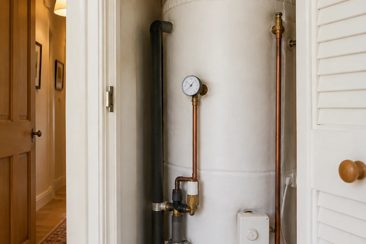 Pressurised hot water cylinder installed inside a compact airing cupboard in a London flat, insulated tank and pipework visible