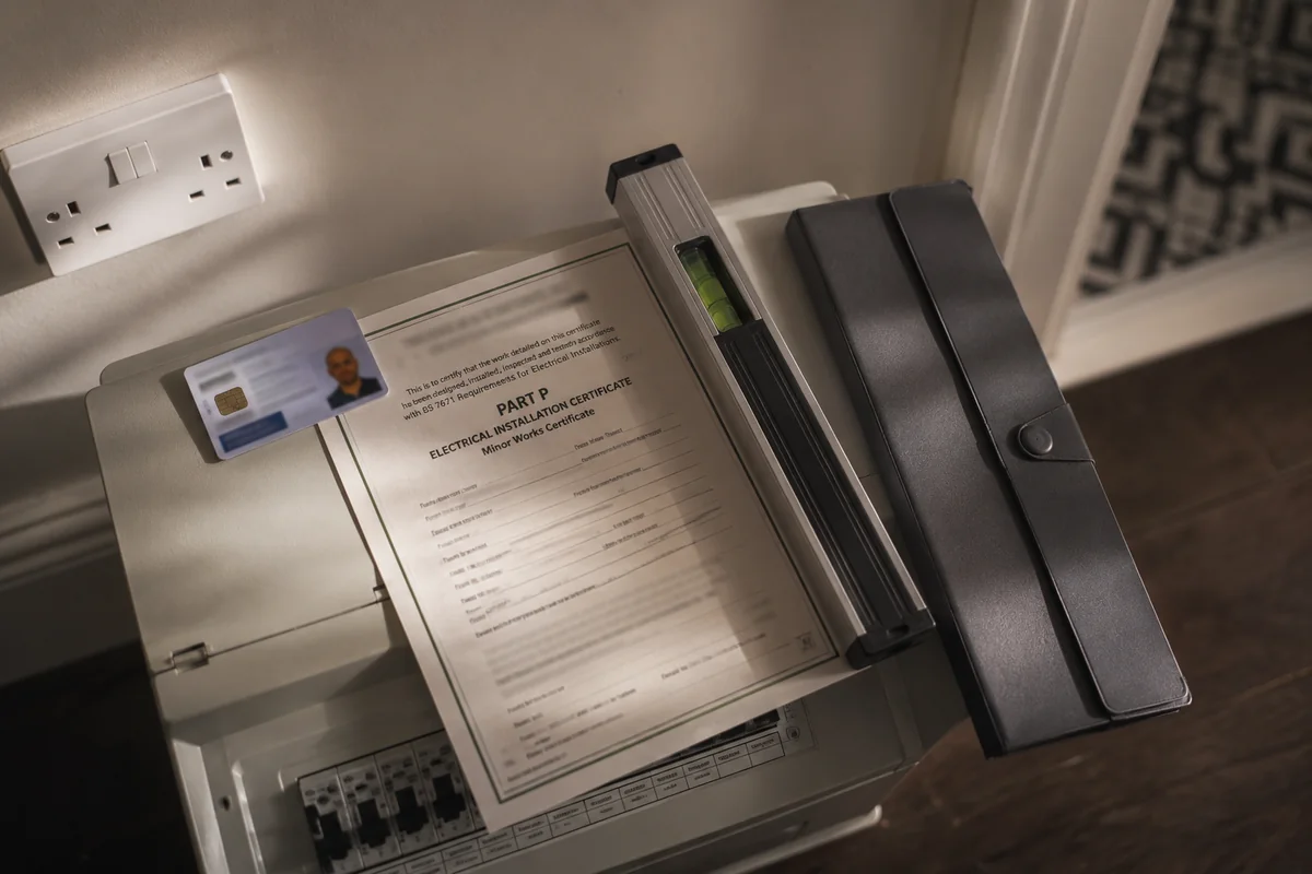 UK electrician's ID card and Part P compliance certificate resting on a consumer unit in a London home