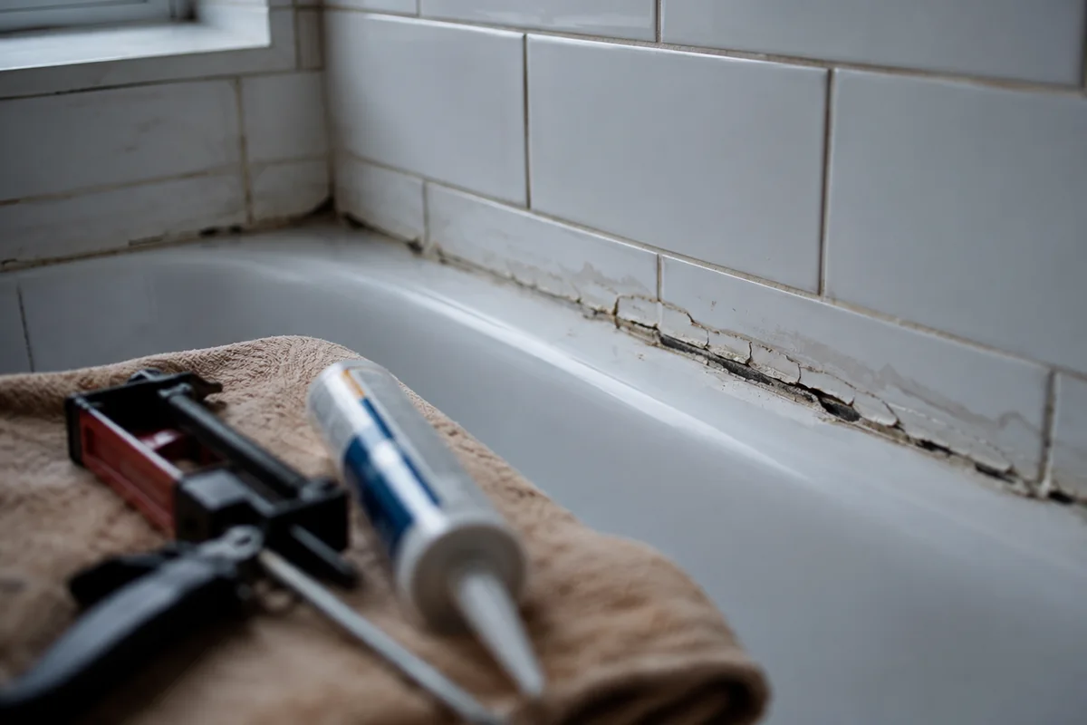 Failed silicone reseal along a bath-to-tile joint in a London bathroom, next to fresh sanitary silicone and a caulking gun