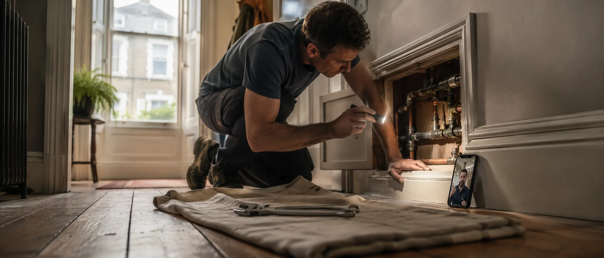 A London homeowner kneeling on original pine floorboards in a Victorian terrace hallway, examining an open wall access panel by torchlight while a smartphone shows a live video call with a tradesperson