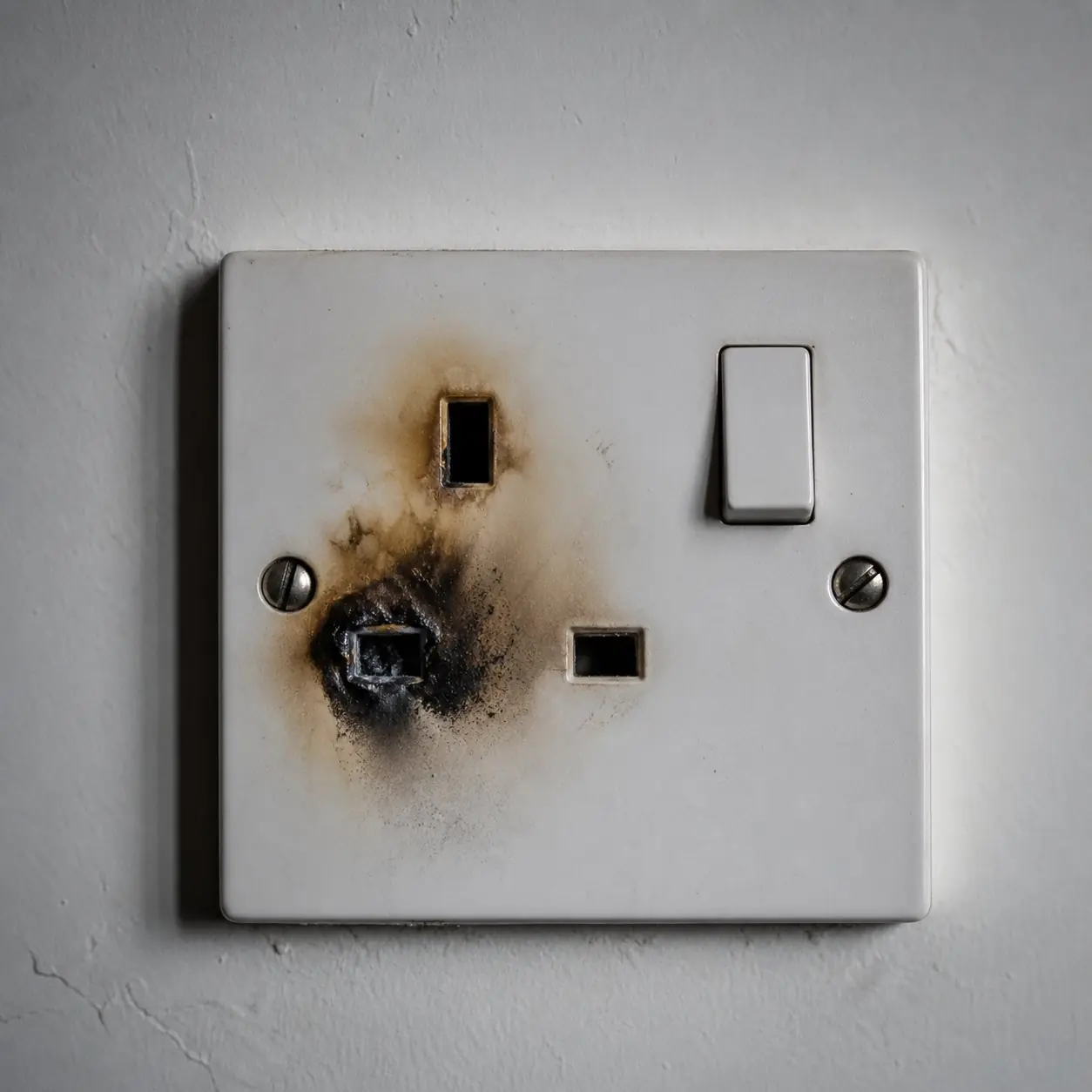 Burnt UK 13-amp socket showing heavy scorch marks and discolouration around the live pin