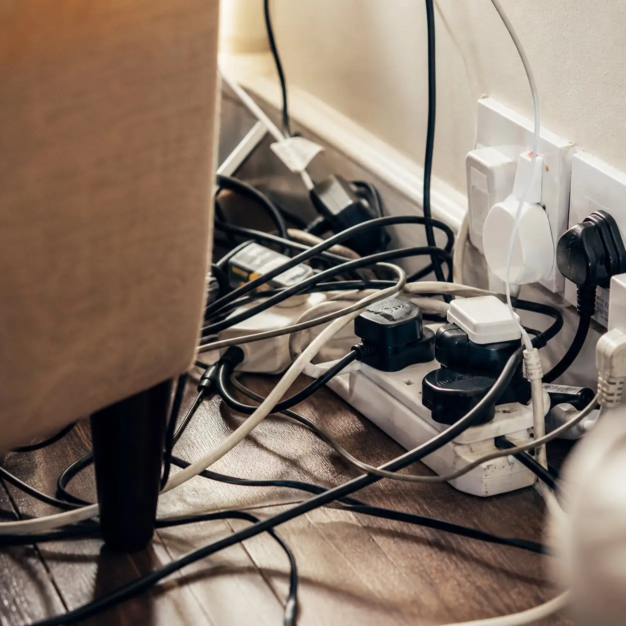 Overloaded extension lead behind a sofa with multiple UK plugs and tangled cables across a wooden floor