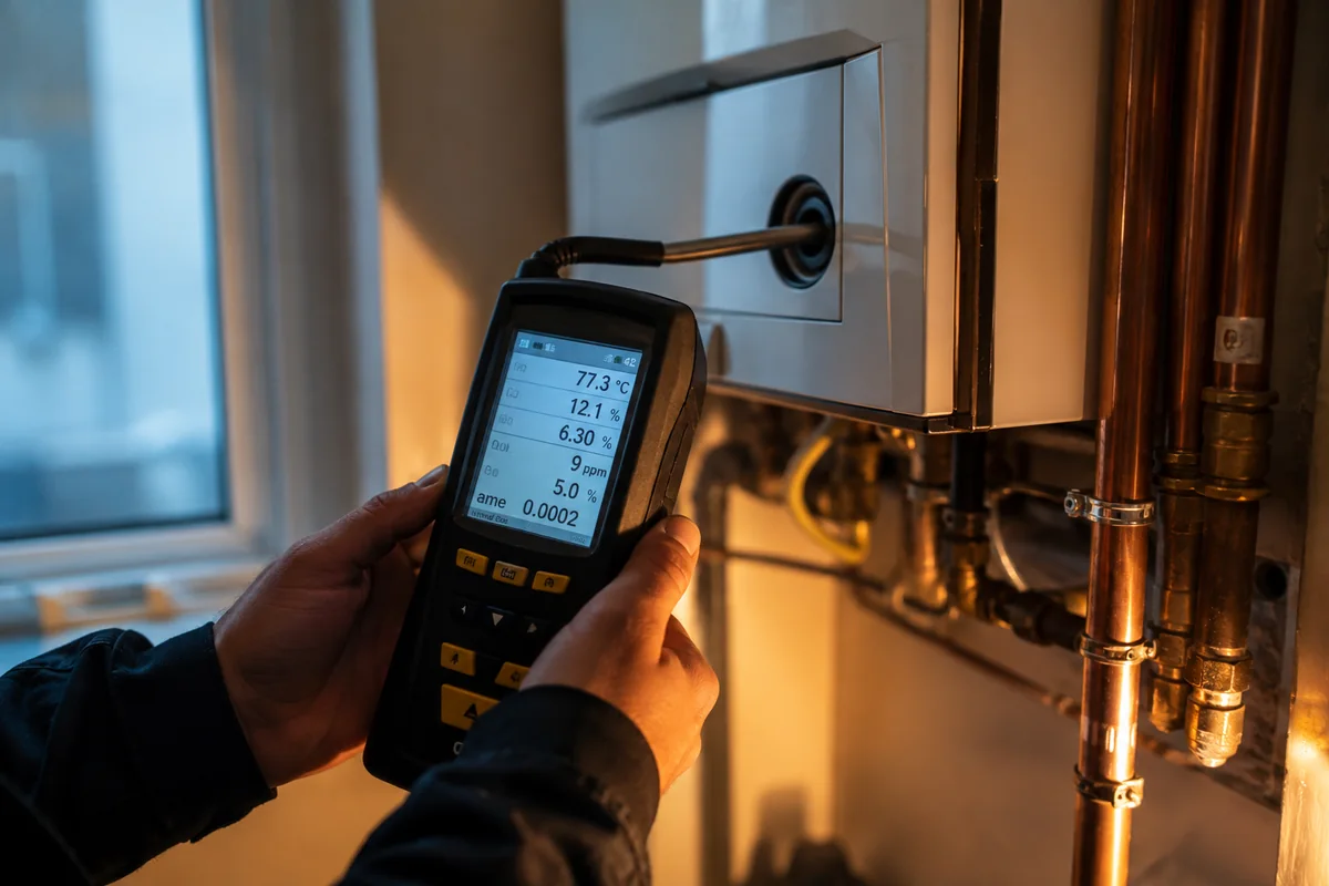 Gas Safe registered engineer inspecting a combi boiler in a London Victorian terrace, gas safety record clipboard in hand