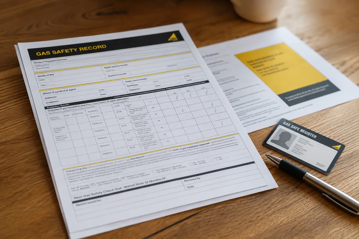 Completed CP12 gas safety record certificate and Gas Safe ID card laid out on a table