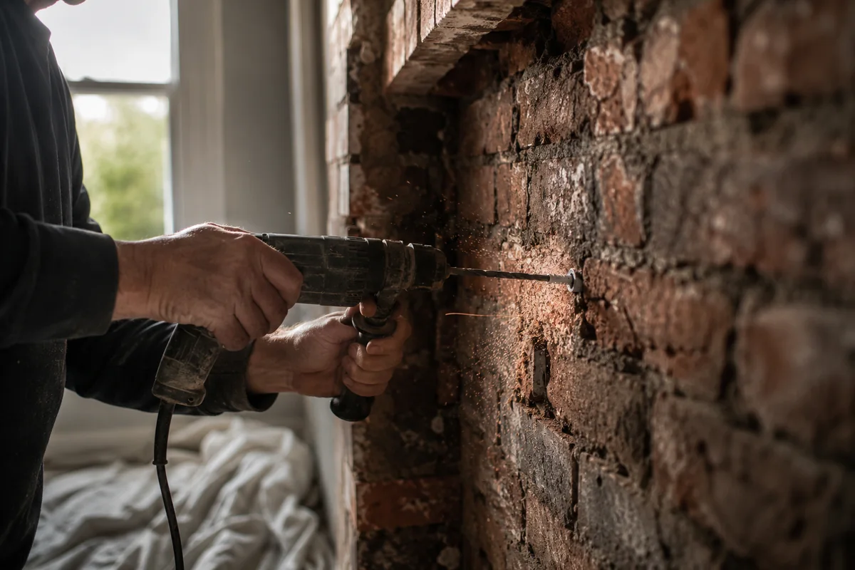 London handyman's hands anchoring a rawlplug into a solid brick Victorian chimney breast alcove with a masonry drill