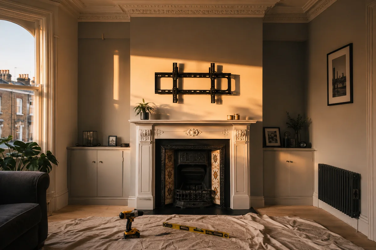 Freshly wall-mounted TV bracket above a fireplace in a London Victorian living room, handyman's tools on a dust sheet nearby