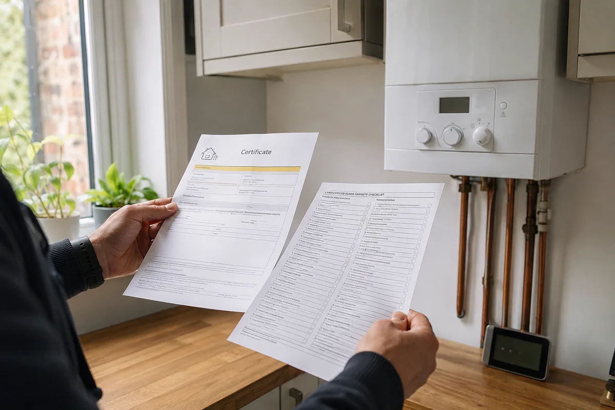 Landlord's hands holding a Gas Safety Certificate and compliance checklist beside a wall-mounted boiler in a London rental kitchen
