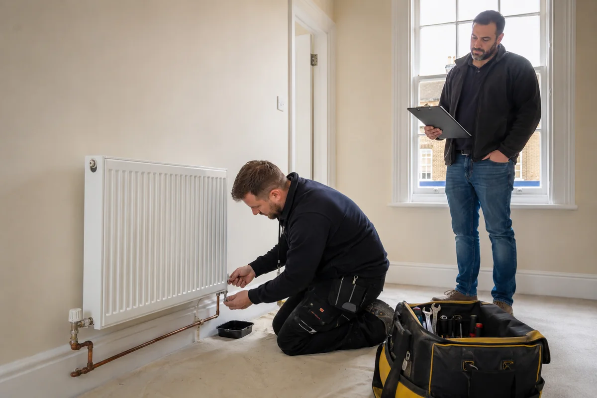 Gas Safe registered heating engineer inspecting a radiator valve while a landlord holding a clipboard looks on, in an empty London rental flat