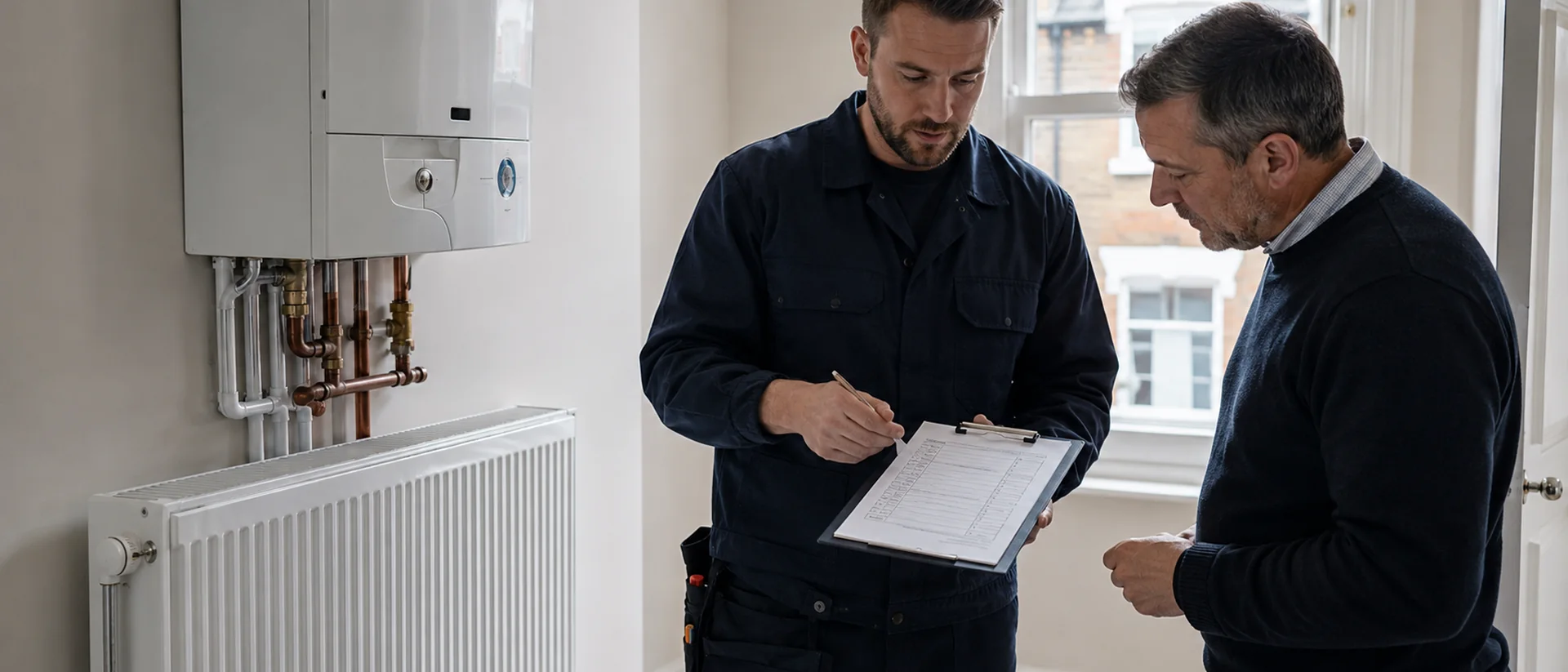 A London landlord and a Gas Safe registered heating engineer reviewing a compliance checklist beside a radiator and boiler in an empty rental flat