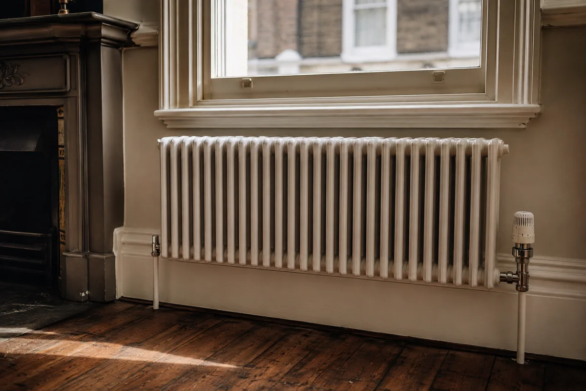Tall panel radiator with a thermostatic valve mounted beneath a Victorian sash window in a London terrace living room