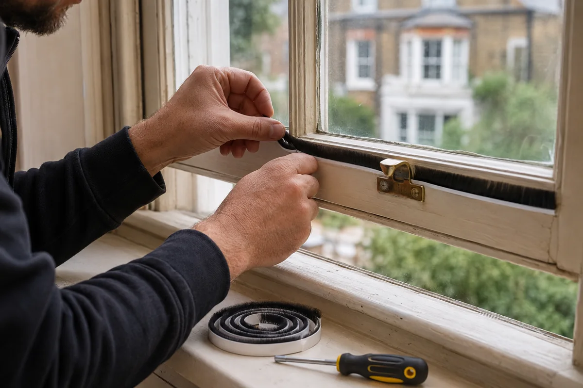 Heating engineer fitting brush-strip draught-proofing to the sash mechanism of an original Victorian timber window in a London terrace house