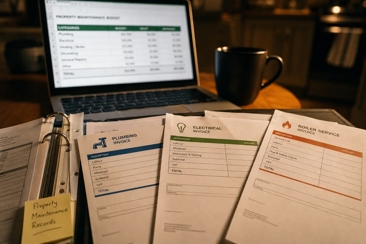 A landlord's maintenance folder with itemised trade invoices next to a laptop showing a budget spreadsheet