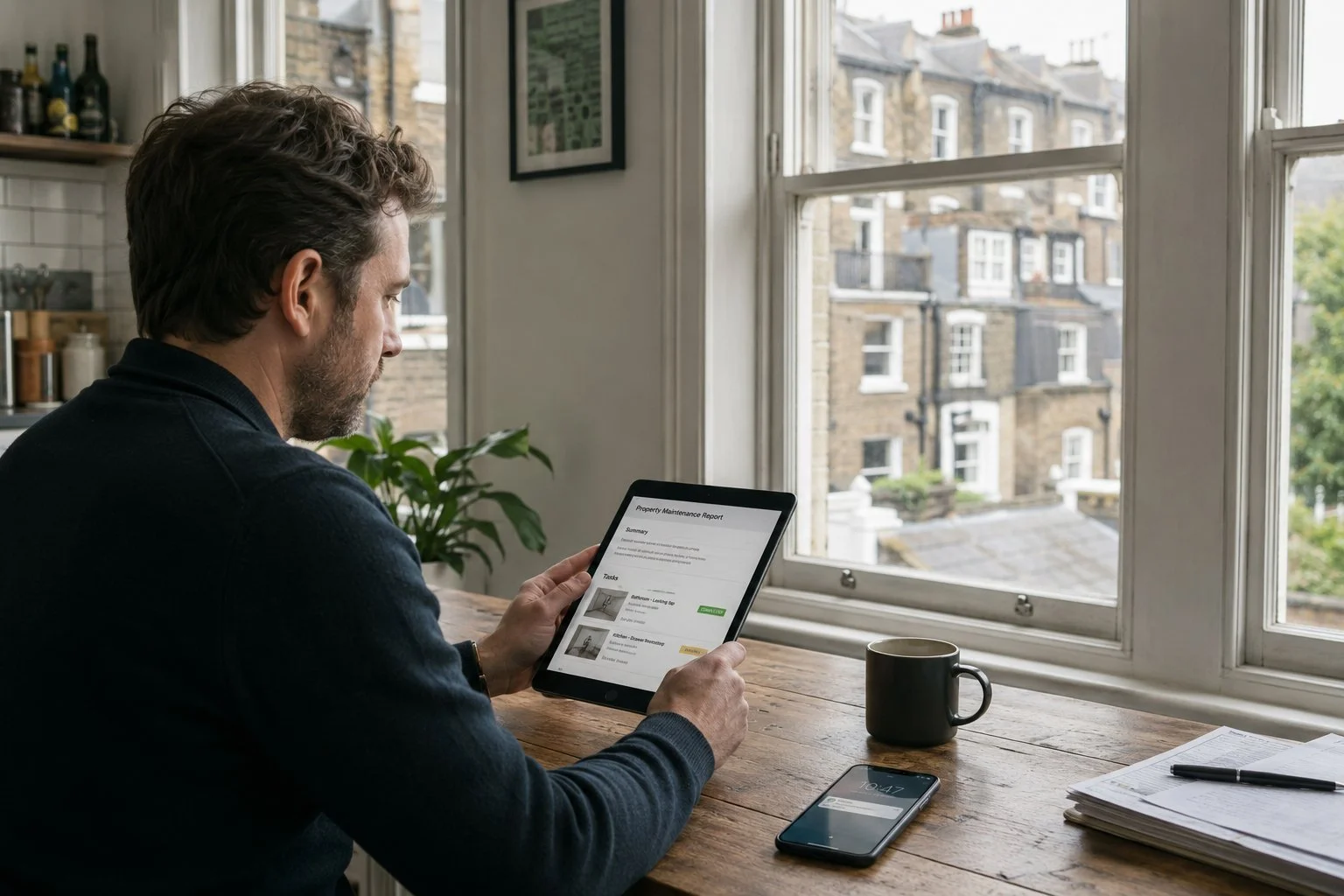 London landlord reviewing urgent tenant maintenance report on tablet