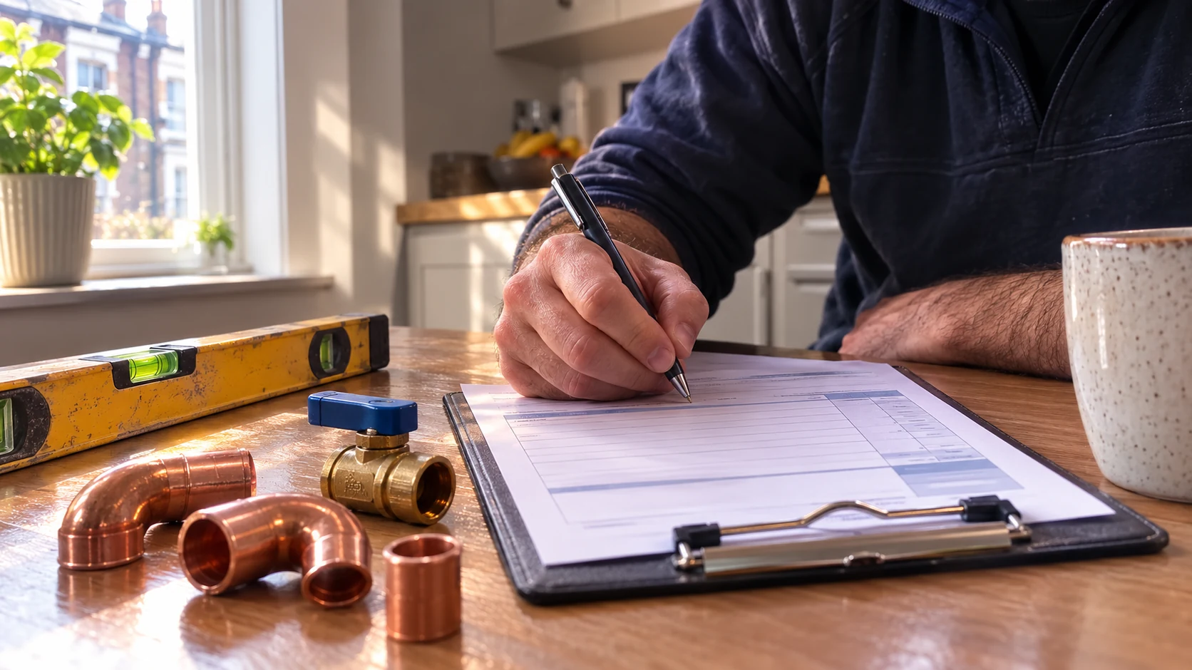 Plumber writing an itemised paper invoice at a kitchen table with copper fittings laid out nearby