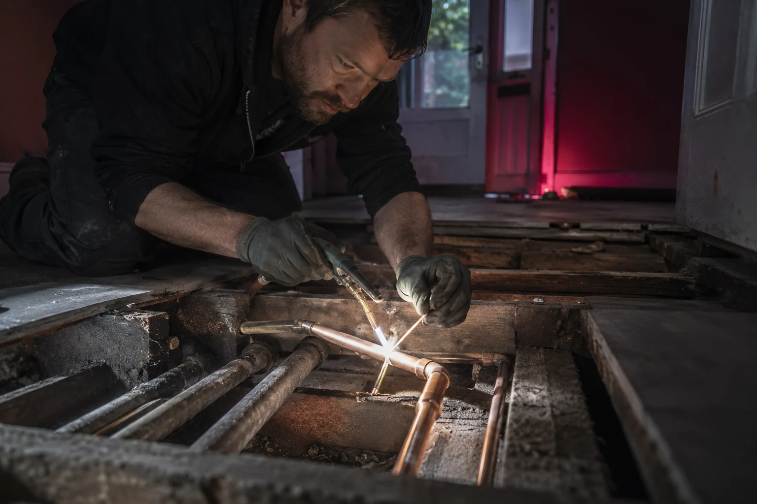 Plumber actively soldering new copper pipework alongside older lead pipe beneath lifted floorboards in a London home