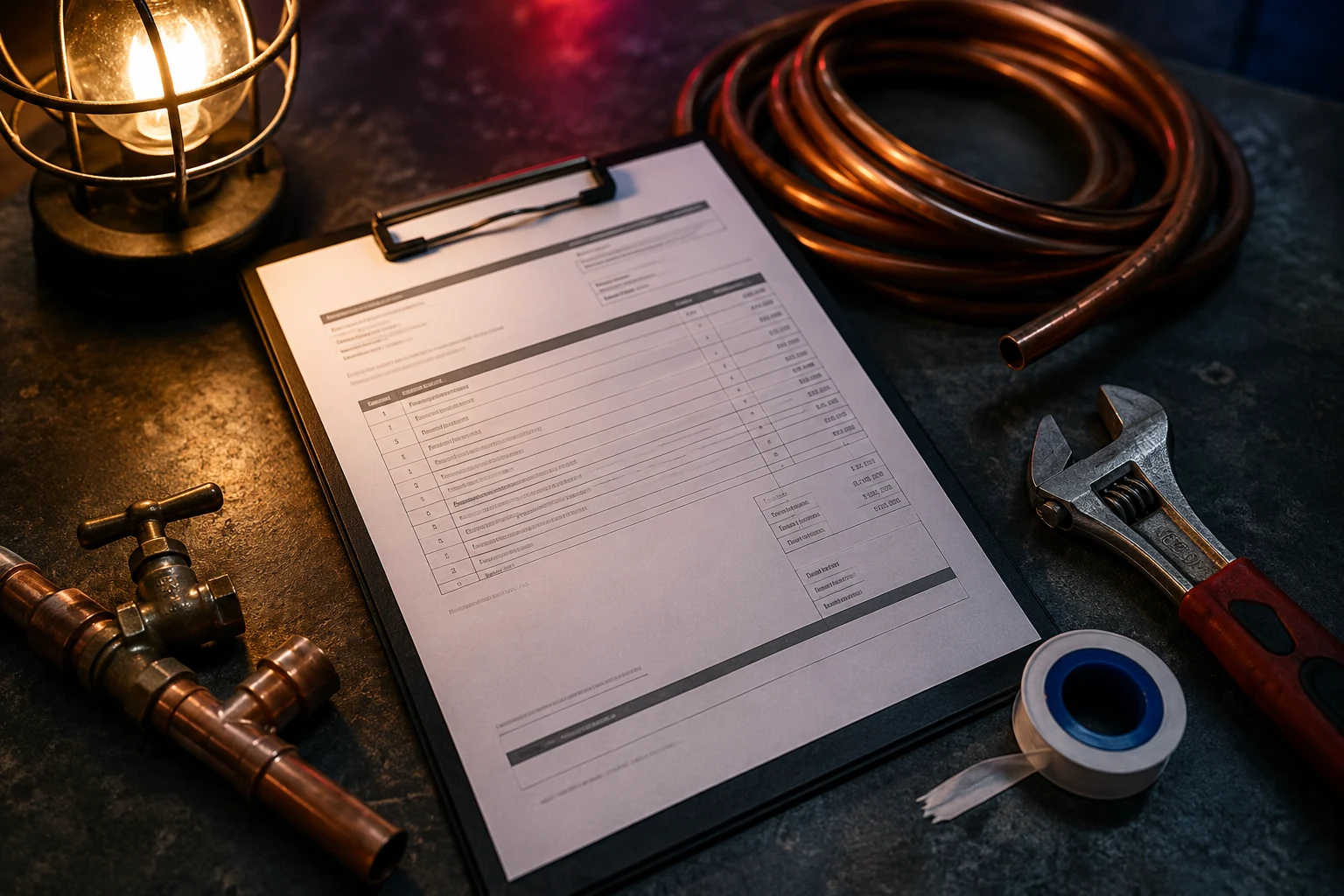 Plumber's fixed-price quote and tools laid out on site in London