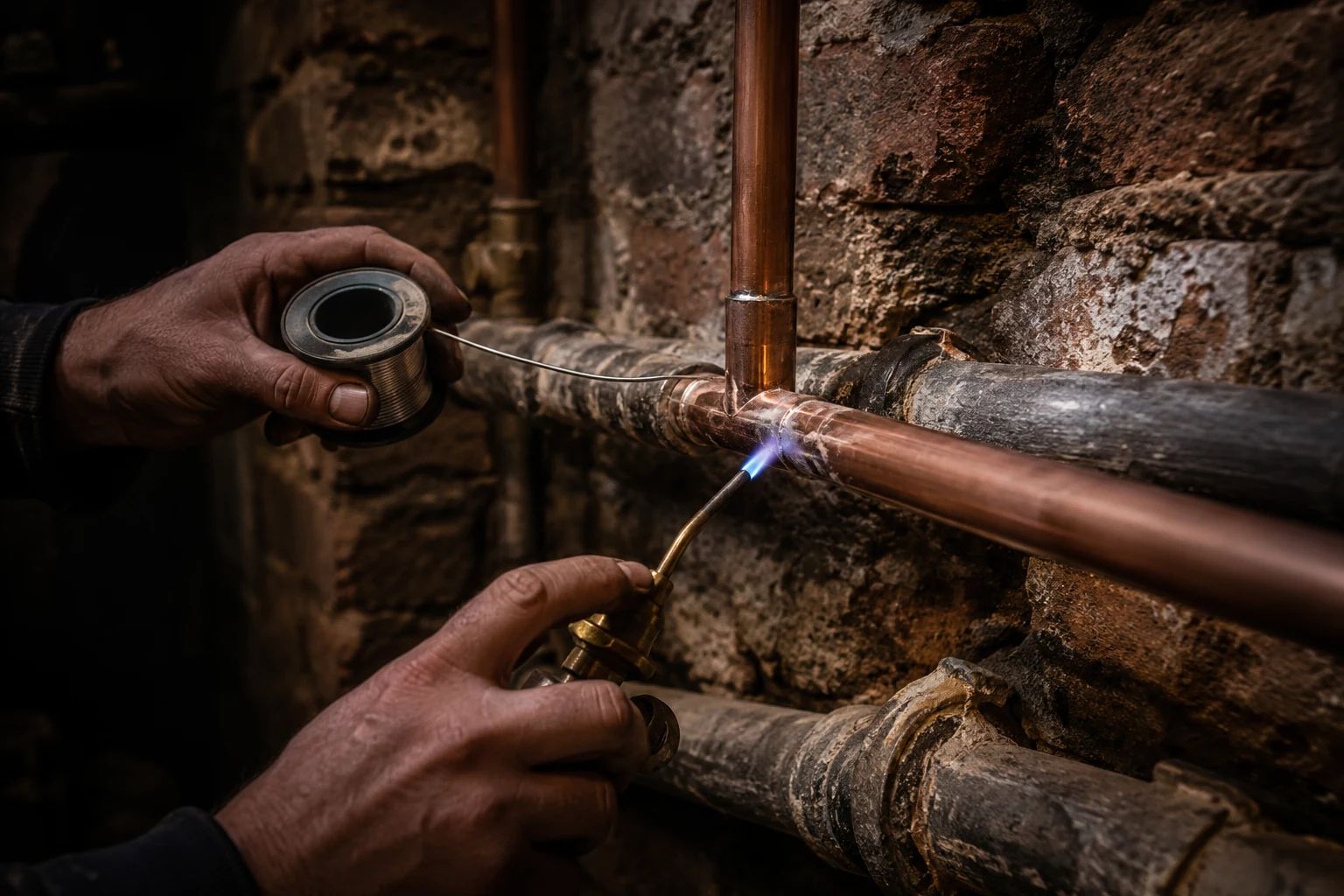 Plumber's hands actively soldering new copper pipe into a splice with original lead pipework along a cellar wall in a Victorian terrace