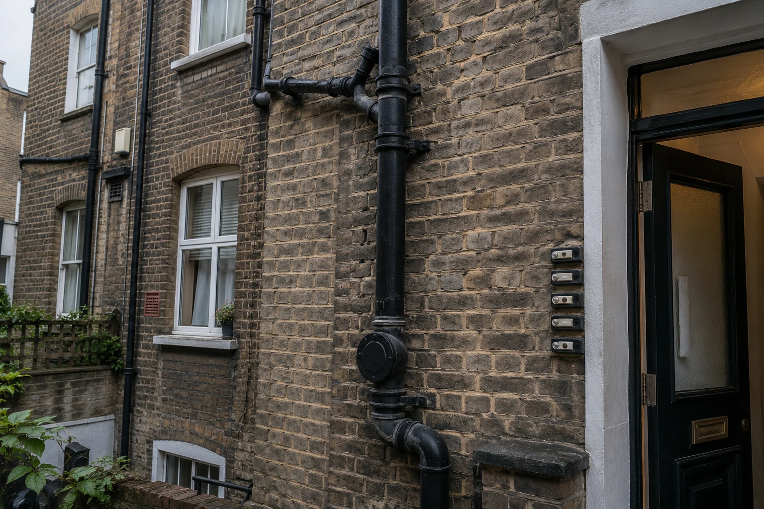 Shared external soil stack on a converted Victorian terrace serving multiple flats