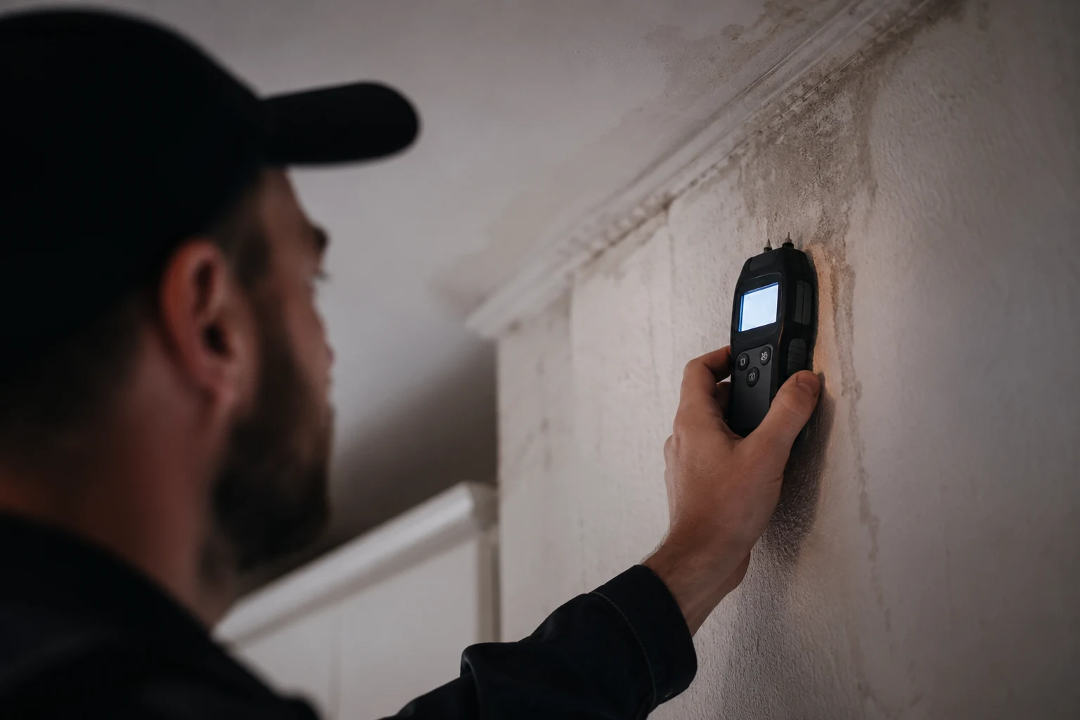 Plumber holding a digital damp meter against an interior wall to diagnose a hidden leak