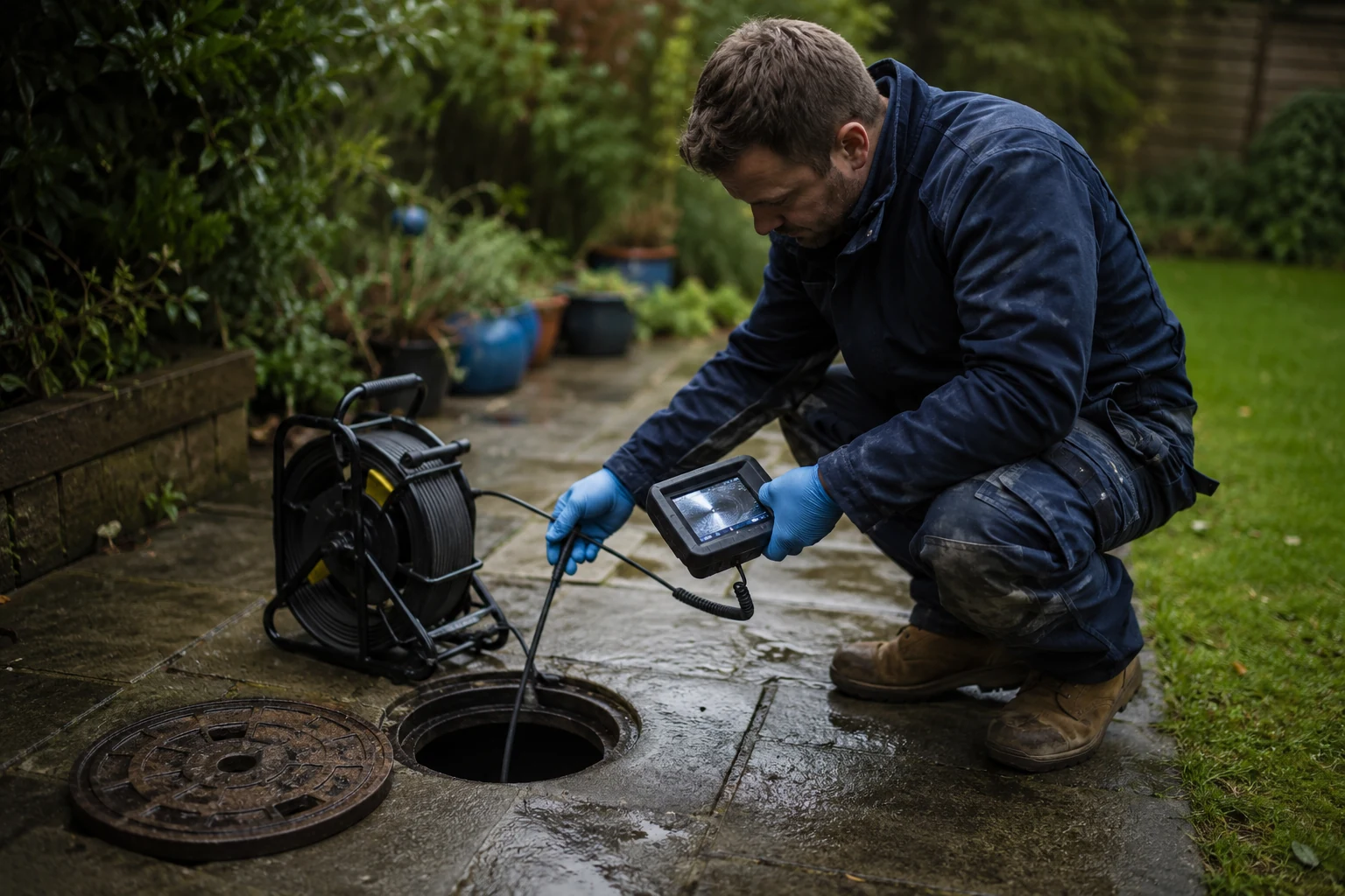 Plumber actively feeding a CCTV drain survey camera into a manhole to diagnose a recurring blockage in a London garden