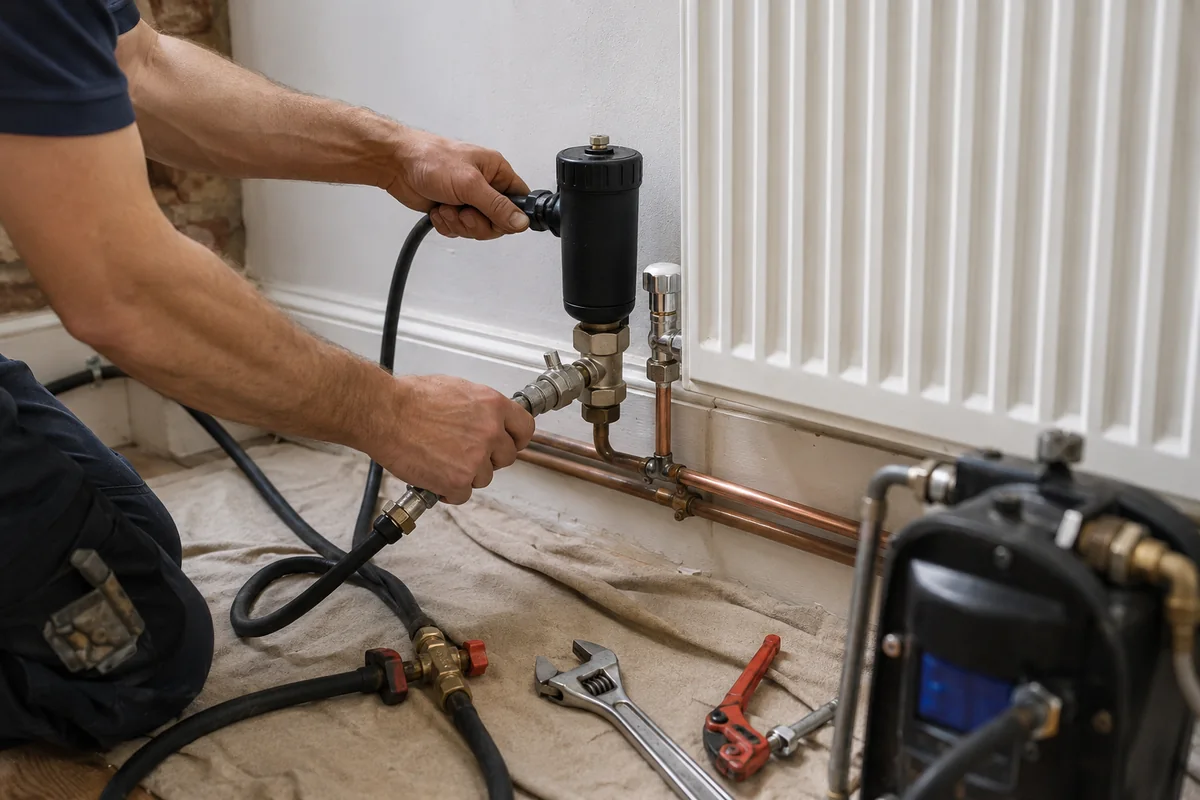 Heating engineer's hands fitting a magnetic filter and connecting a powerflushing pump hose to a radiator valve
