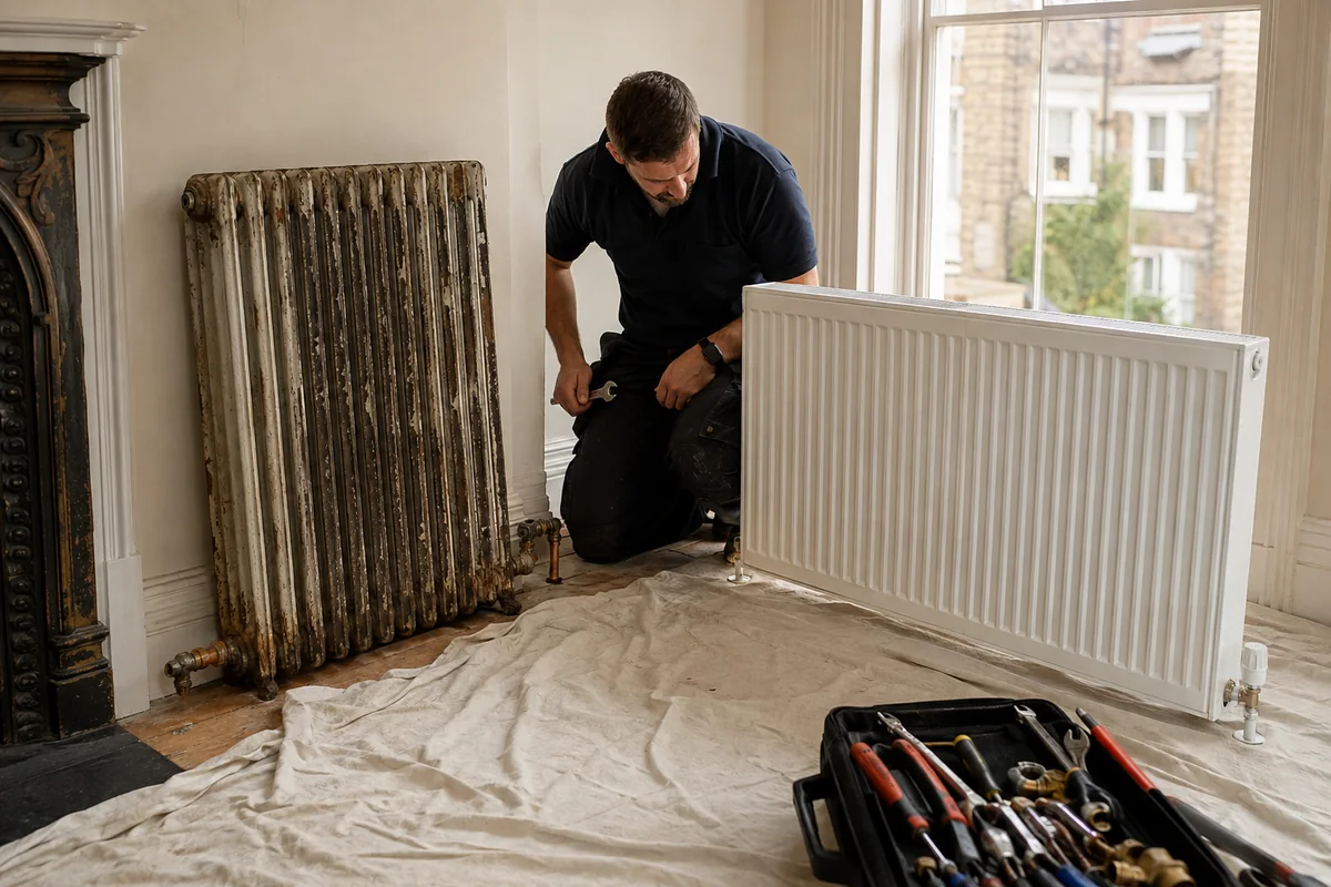 Old corroded radiator next to a brand new panel radiator in a London home, with a heating engineer inspecting the pipework between them