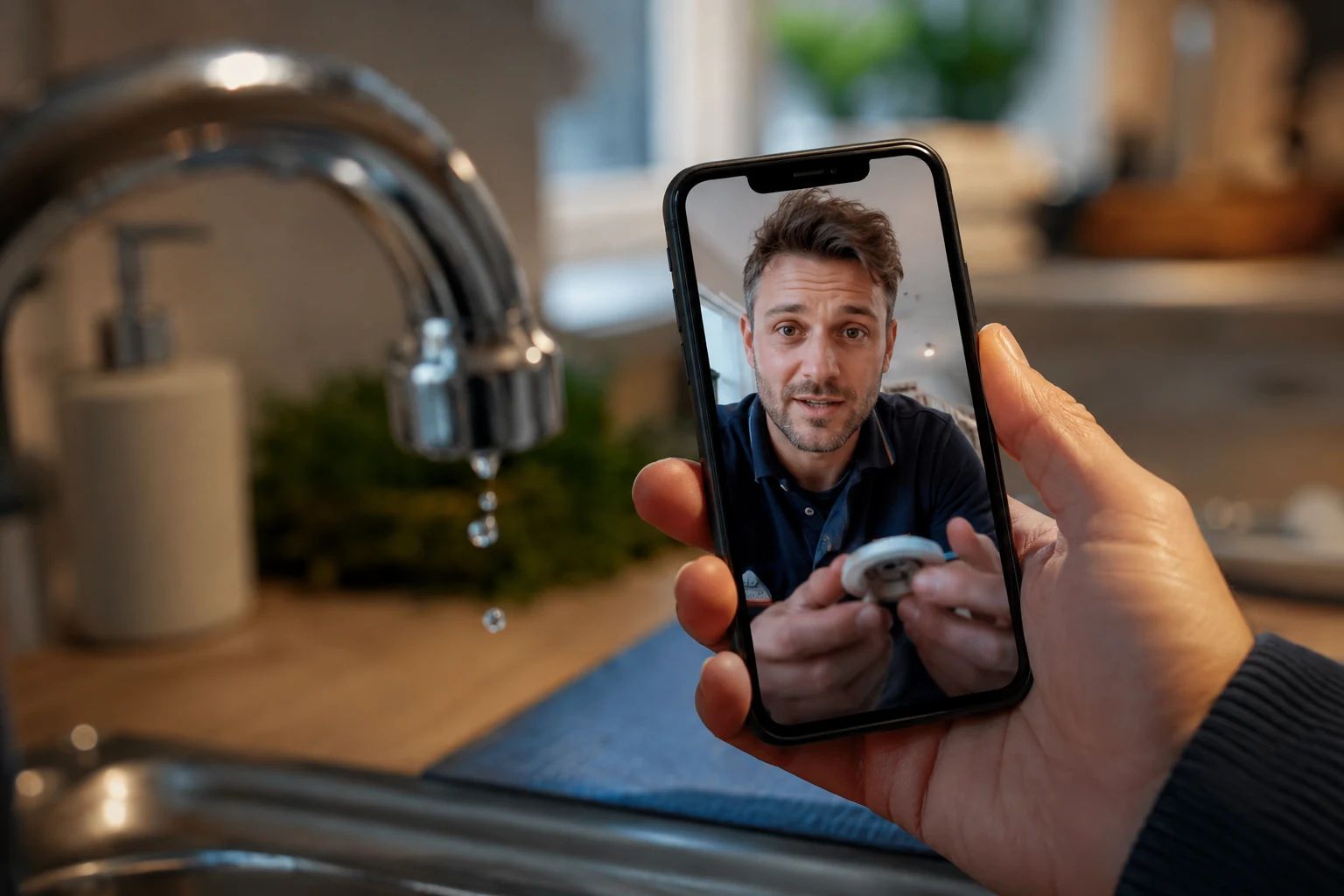 Landlord's phone showing a live video call with a tradesperson to triage a tenant's dripping tap report
