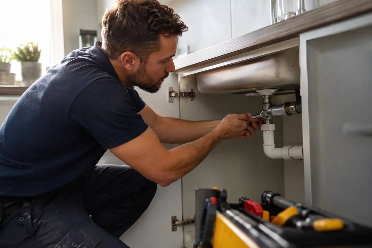 Plumber actively repairing a fitting under a kitchen sink in a London rental, the callout confirmed as necessary after remote triage